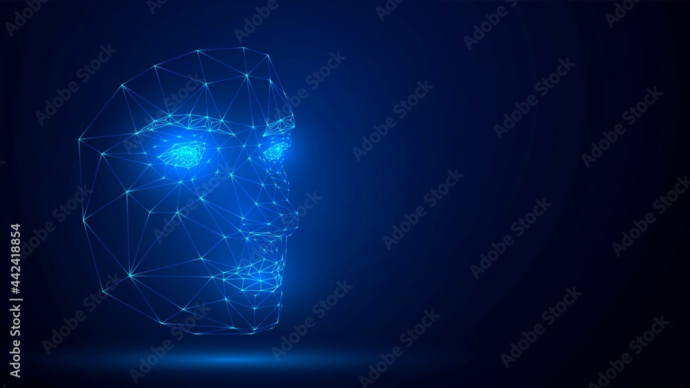 Human face made of triangular glowing blue mesh Human face made of triangular glowing blue mesh