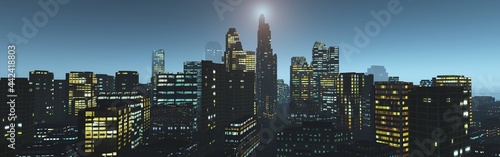 Panorama of the evening city  night skyscrapers  3D rendering