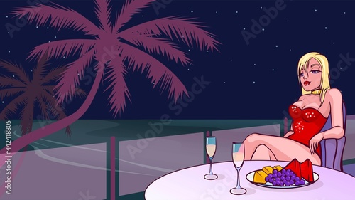 Beautiful girl in a dress in an open-air restaurant on the beach