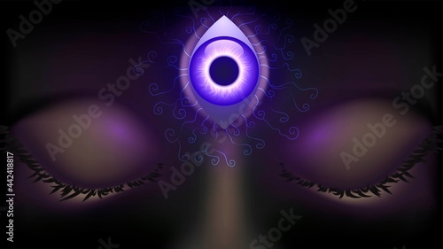 Close-up face with closed eyes and third luminous purple eye on forehead, vision and epiphany concept