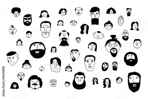 Doodle cute faces set. Hand-drawn outline people isolated on white background. Human Avatar Collection. Cartoon young, old different nationalities women, men. Childrens portrait. Vector illustration
