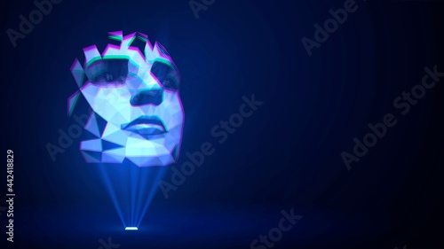 Blue glowing hologram low poly face on dark background