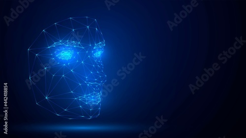 Human face made of triangular glowing blue mesh
