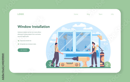 Installer web banner or landing page. Worker in uniform installing window