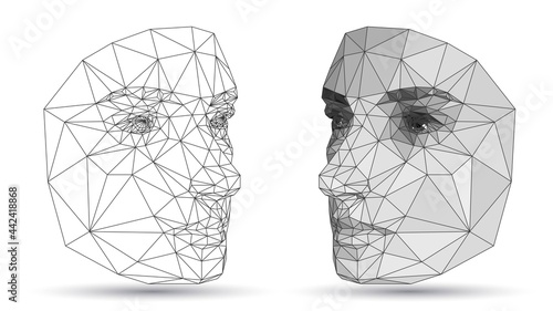 Human face made of triangular mesh and low poly white surface