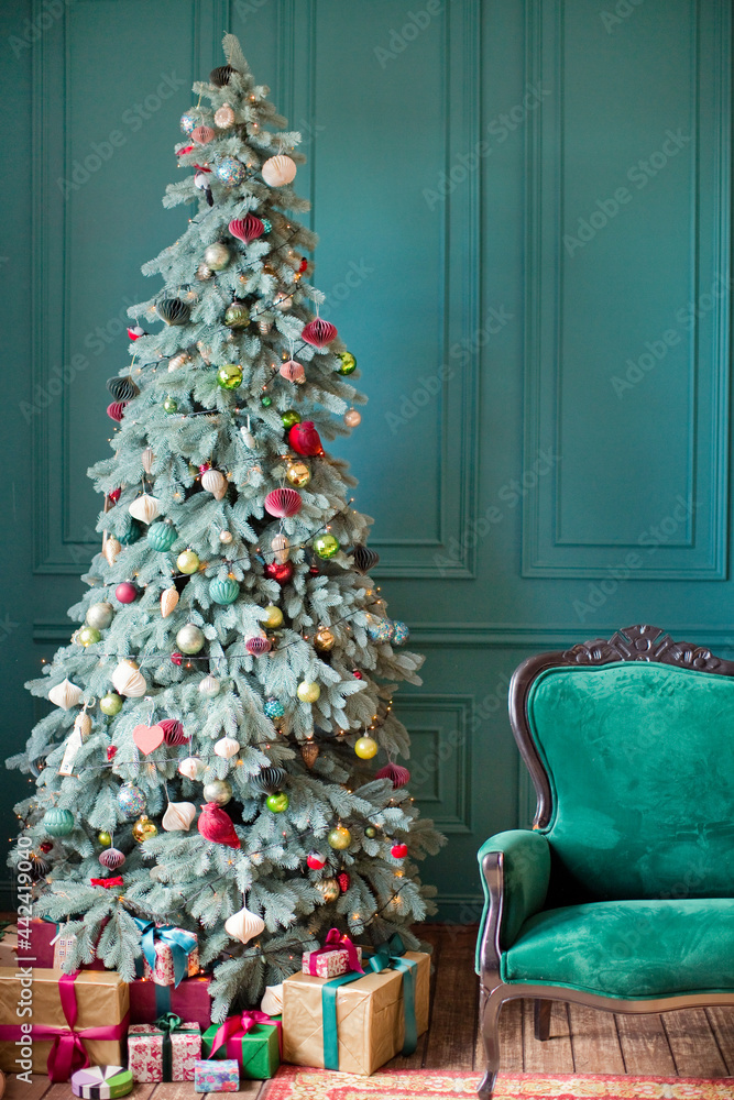 Green Christmas interior with decorations