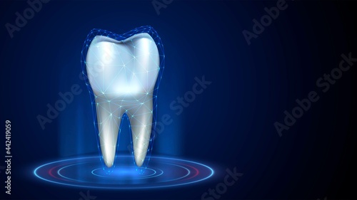 White tooth with a root on a dark background with a luminous mesh coating on the pedestal, the concept of teeth protection and whitening