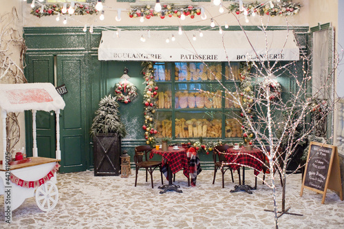 Photography Christmas cafe bakery exterior with decorations