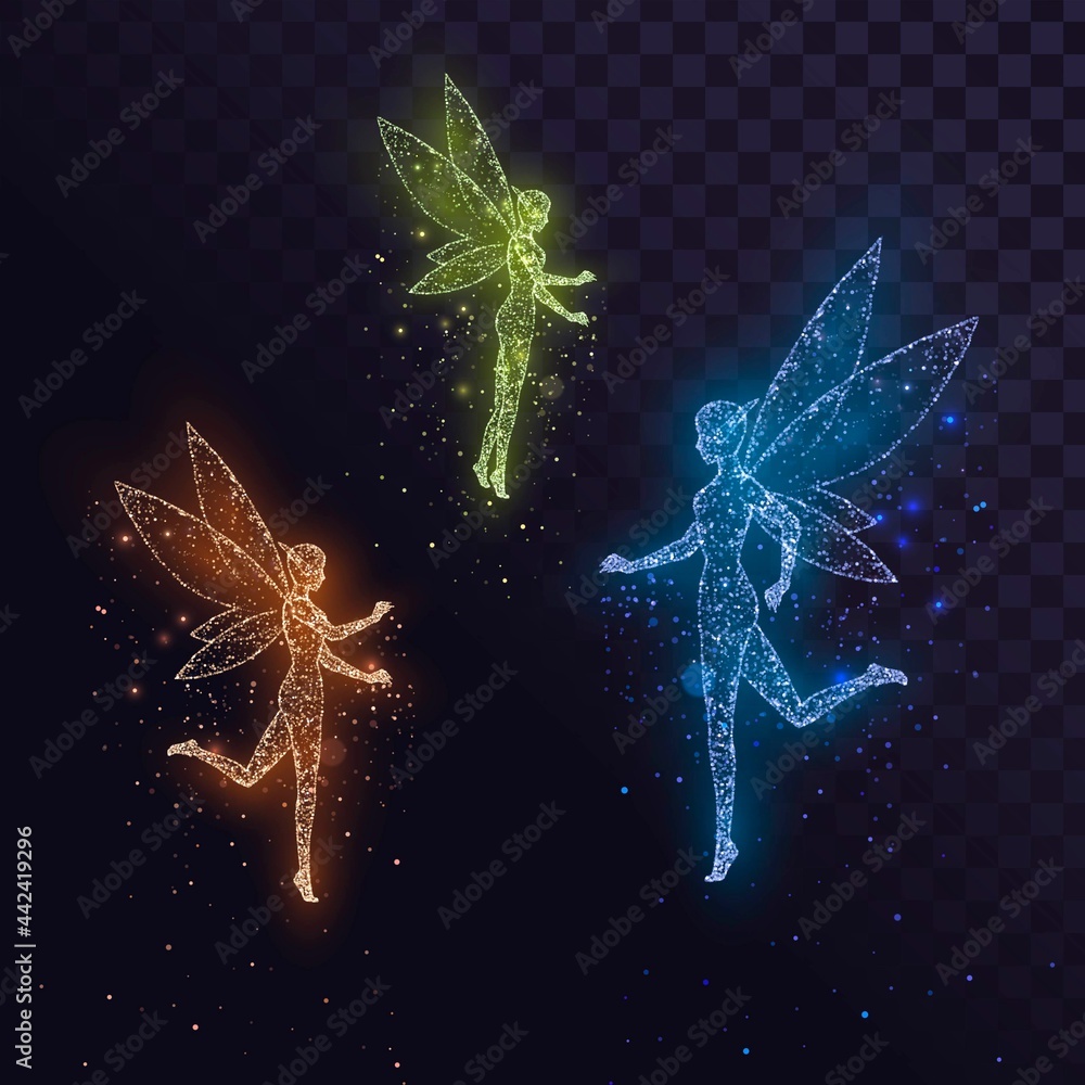A set of glowing fairies with wings orange, green and blue. Fairy