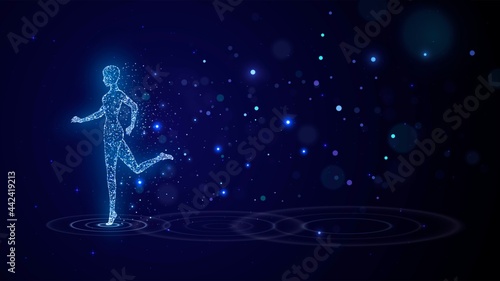 Silhouette of a person running on the water from blue sparks against the background of the starry sky