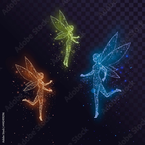 A set of glowing fairies with wings: orange, green and blue. Fairy creatures made of sparks on a transparent background