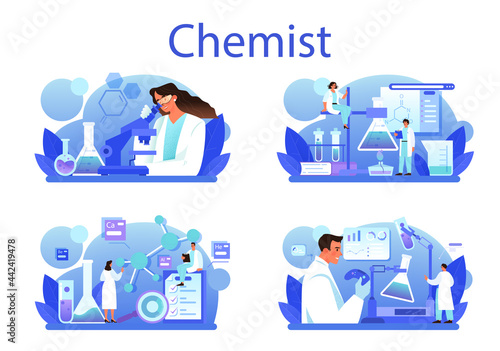 Chemist concept set. Chemistry scientist doing an experiment in the laboratory.