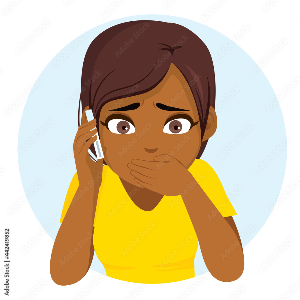 Young black teenager girl with hand covering mouth surprised using mobile phone Young black teenager girl with hand covering mouth surprised using mobile phone