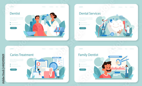 Dentist web banner or landing page set. Dental doctor in uniform