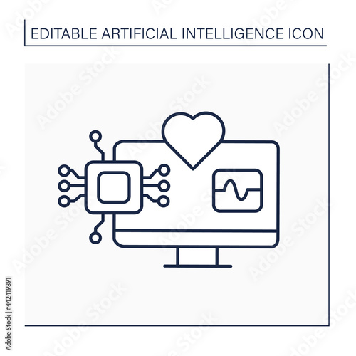 AI in medicine line icon. Modern technologies. Autonomous heartbeat diagnosis. Computer screen. AI diagnostic concept. Isolated vector illustration. Editable stroke