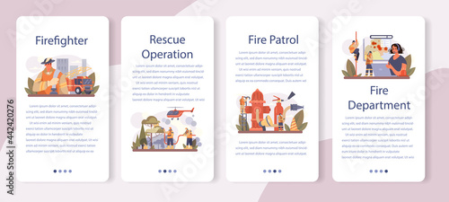 Firefighter mobile application banner set. Professional fire brigade fighting photo