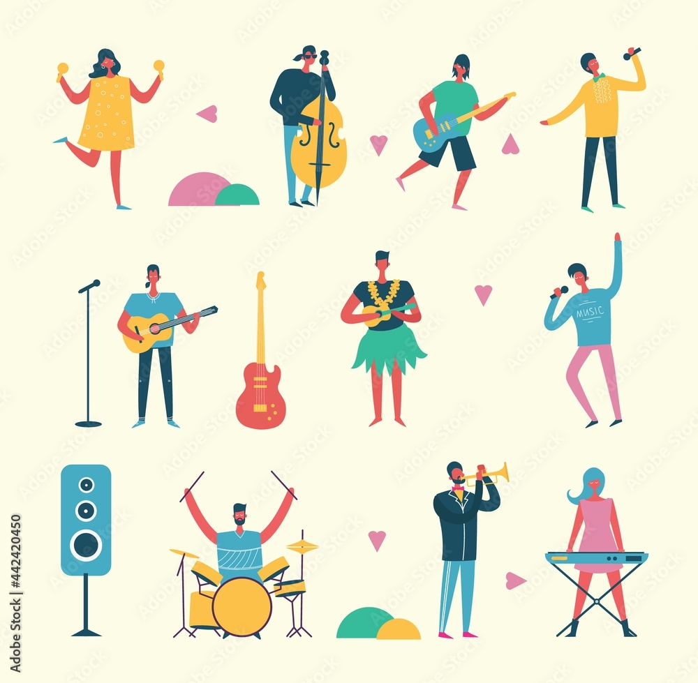 Musician persons in different music duets. Vector characters of singers