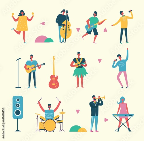 Musician persons in different music duets. Vector characters of singers