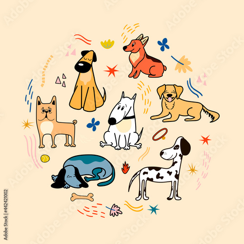 Fototapeta Naklejka Na Ścianę i Meble -  Vector poster with cute dogs of different breeds, Corgi, Bulldog, Dalmatian, Dachshund, Bull Terrier in cartoon style on a beige background. Illustration for postcards, posters, banners