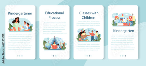 Kindergartener mobile application banner set. Professional nany and children.