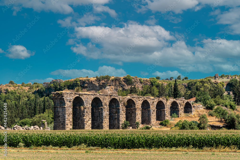 Aqueducts in the ancient city of Aspendos in Antalya, Turkey.