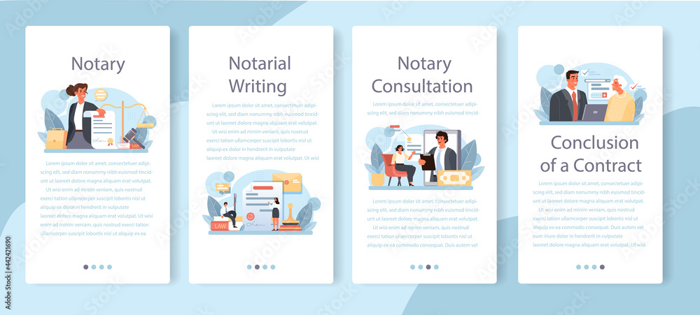 Notary service mobile application banner set. Professional lawyer signing