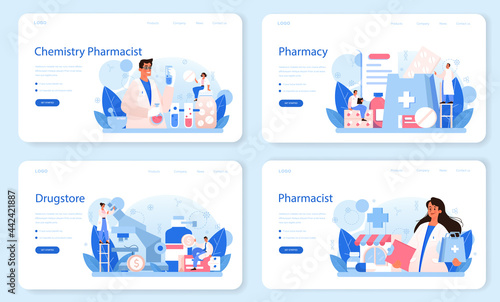 Pharmacy web banner or landing page set. Pharmacist preparing