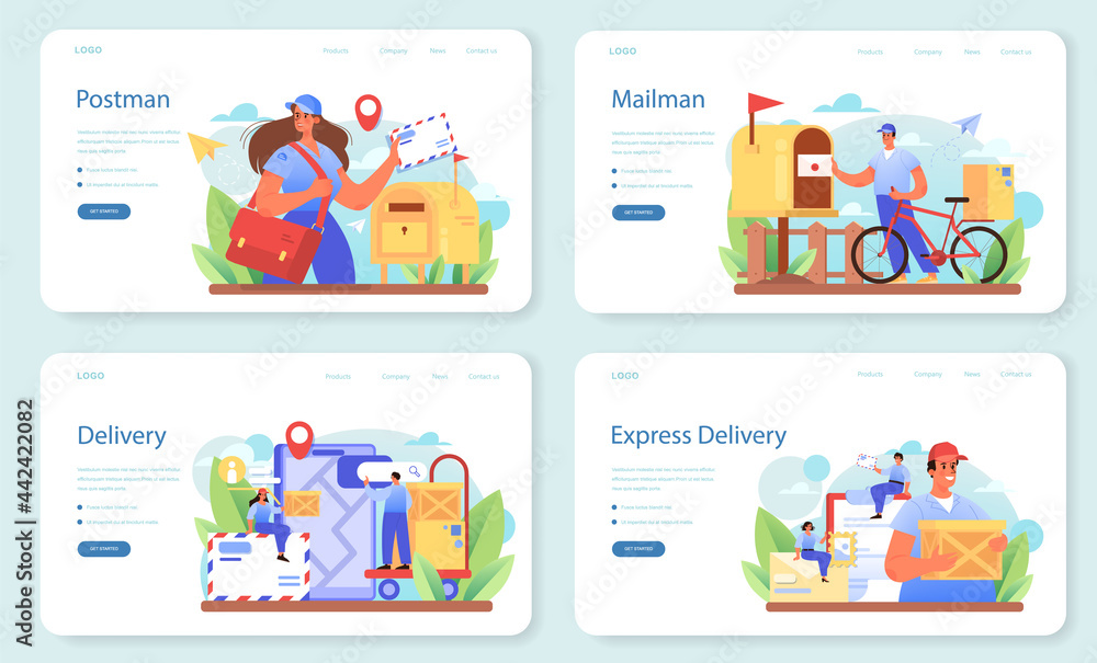 Postman profession web banner or landing page set. Post office staff Postman profession web banner or landing page set. Post office staff