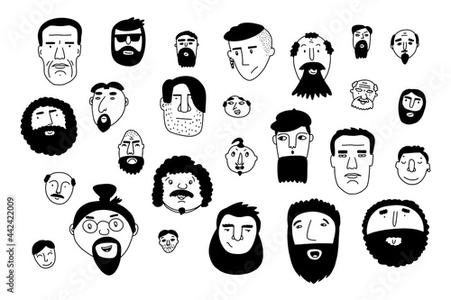 Doodle faces set. Hand-drawn outline people isolated on white background. Human Avatar Collection. Cartoon young, old men. Male portraits. Different hairstyles, mustaches, beards. Vector illustration