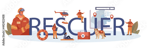 Rescuer typographic header. Urgent help. Ambulance lifeguard