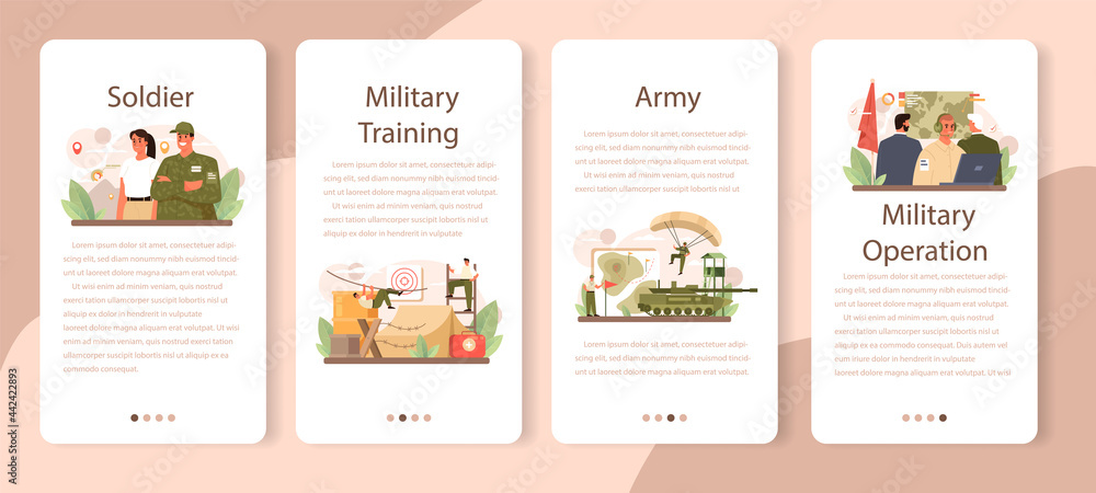 Soldier mobile application banner set. Millitary force employee in camouflage