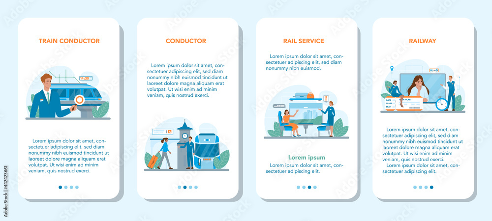 Train conductor mobile application banner set. Railway worker