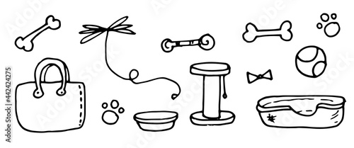 Vector set of pet elements. drawn in doodle style, a couch, a bowl, a bag, a ball, a bow on a string, a claw, a bone and a paw print are isolated black outline on a white background for a design templ