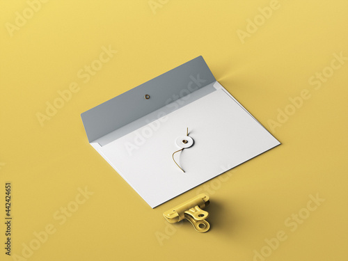 C5 envelope and paper clip blank mockup template with yellow color background (ID: 442424651)