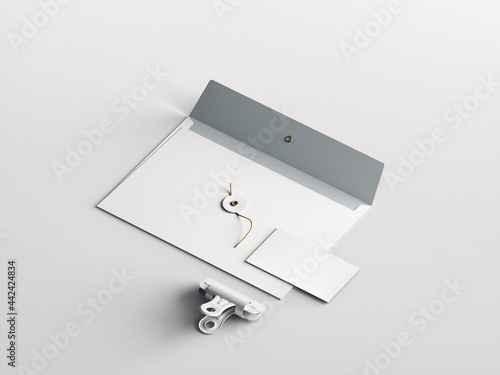 C5 envelope, business card and paper clip blank mockup template with grey color background (ID: 442424834)