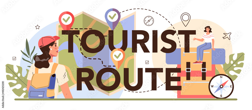 Tourist route typographic header. Tourists listening to the history