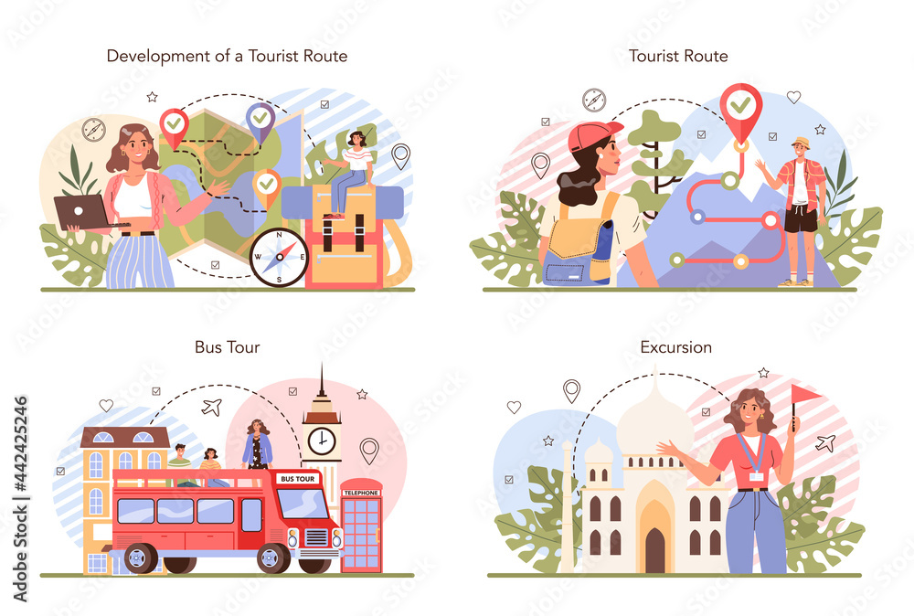 Tour guide concept set. Tourists listening to the history of the city
