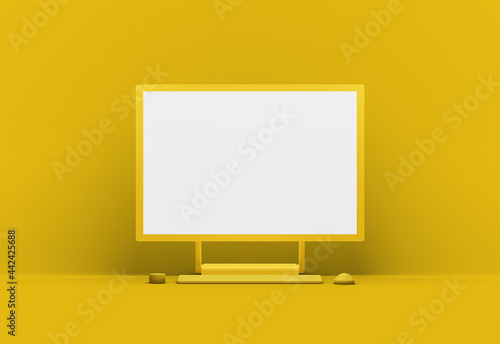 3D rendered desktop computer blank mockup template with yellow background (ID: 442425688)