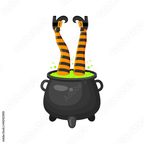 Witch legs upside down in cauldron with green bubbling potion. Halloween design element isolated on white background. Vector cartoon illustration.