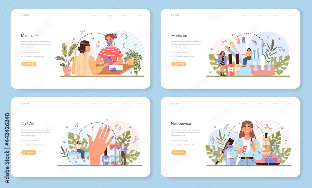 Manicurist service web banner or landing page set. Beauty salon worker Manicurist service web banner or landing page set. Beauty salon worker