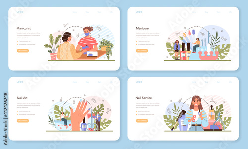 Manicurist service web banner or landing page set. Beauty salon worker