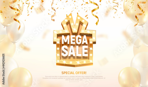 Mega sale gift box like golden retro board broadway sign vector illustration. Special offer discount with confetti on light background 