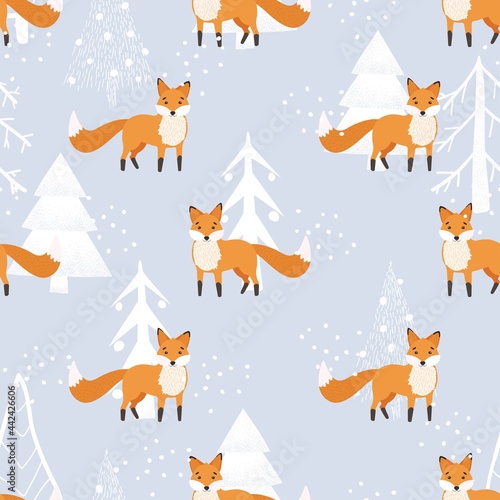 Christmas pattern. Cute fox, winter forest, snow. Seamless pattern on a white background. Winter forest with animals and Christmas tree design for textiles, wallpaper, fabric.