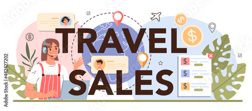 Travel sales typographic header. Tourism agent selling tour, cruise