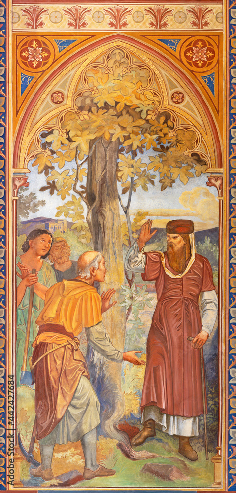 VIENNA, AUSTIRA - JUNI 24, 2021: The fresco of The parable of the Fig tree in the Votivkirche church by brothers Carl and Franz Jobst (sc. half of 19. cent.).