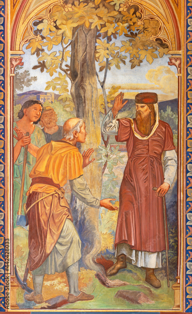 VIENNA, AUSTIRA - JUNI 24, 2021: The fresco of The parable of the Fig tree in the Votivkirche church by brothers Carl and Franz Jobst (sc. half of 19. cent.).