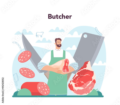 Butcher or meatman concept. Fresh meat and semi-finished products