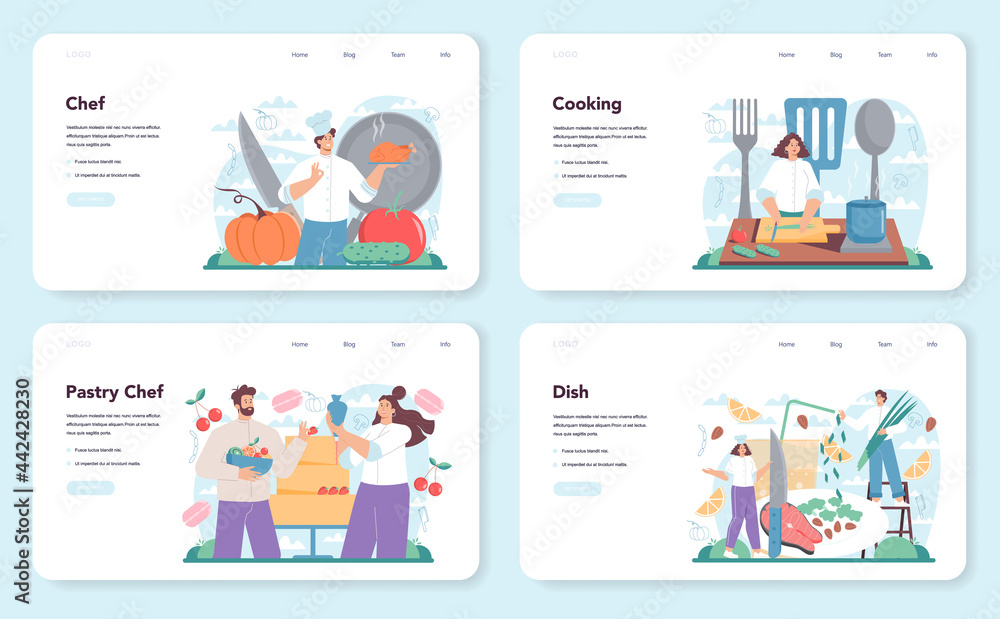 Chef web banner or landing page set. Culinary specialist in apron Chef web banner or landing page set. Culinary specialist in apron