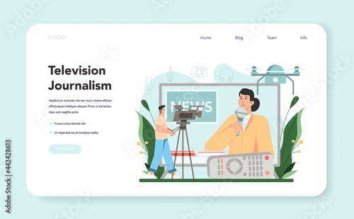 Journalist web banner or landing page. Television journalism. TV reporter