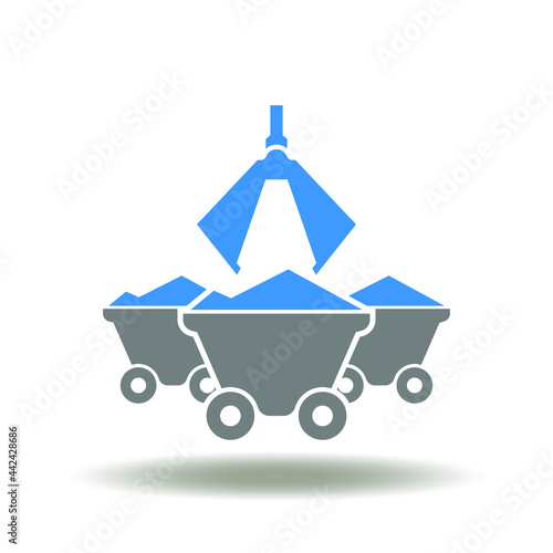 Loading shovel and industrial rail wagon with raw material vector illustration. Lurry minecart icon. Mining industry trolley automation transportation symbol.